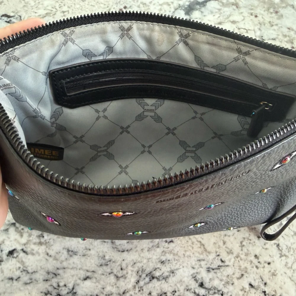 Aimee Kestenberg Black Pebbled Leather Wristlet Clutch with Eyes Eye Love